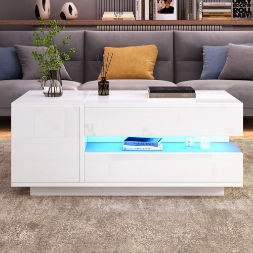 Merax Höhenverstellbarer Couchtisch Weiß 95x50x34,5cm mit LED, 1 Schublade, 1 Schrank, Sofatisch mit Hochglanz und Verstecktem Stauraum, Beistelltisch mit Halboffenem Stauraum