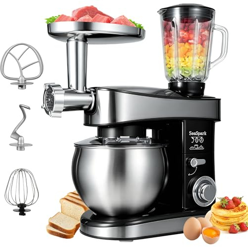 SeaSpark Küchenmaschine, 6 L Knetmaschine 1200W, 6 Geschwindigkeits Küchenmaschine, Teigmaschine mit Rührhaken, Knethaken, Schneebesen und Spritzschutz, Schwarz