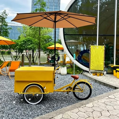 WXXZCE Vélo Stand Mobile pour la Vente de Nourriture, Chariot de Vente Ambulante avec Parasol, Idéal pour Les Marchés Producteurs et la Vente De Boissons, Pain et D'en Cas Variés(Yellow)