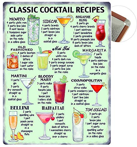 Targa Metallo Vintage 20x30cm Poster Segno Lamiera Plaque Arredo Murale Decoro per Bar Cafe Casa Ristorante, Serie di Birra (Cocktail Menu)