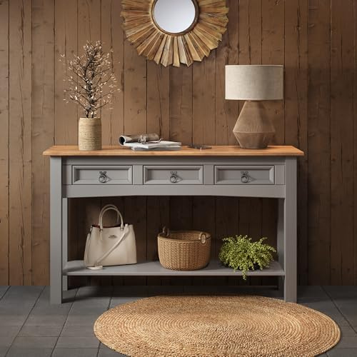 Corona Solid Wood Pine Grey Painted Wax 3 Drawer Console Table Wooden Hallway Stand With Drawers Shelf Side Unit Lamp Long Lounge Living Room Kitchen Dresser 73cm High 122cm Wide 32cm Deep