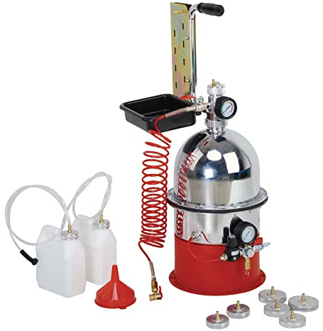 KS Tools 160.0008 – Pneumatisches Bremsenentlüfter, 6 l – 10 bar + 6 Adapter – Mechanisches Auto Werkzeug zum Entlüften, Entleeren, schnelle Kontrolle der Lecks – Bremsenentlüfter mit flexiblem Schlauch