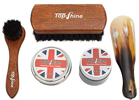 TOPSHINE Professional Shoe Shine Kit for Men - All Inclusive Shoe Polish Kit with 100% Horse & Wood Brushes, Shoe Horn & Beeswax Polish - Eco - Portable Boot Polishing Box for Home (Black)