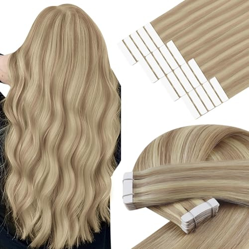 YoungSee Tape in Extensions Echthaar Blond Skin Weft Tape Haarverlangerung Echthaar 50 cm Goldblond mit Mittelblond Tape Extensions Echthaar Blond Glatt Tape in Extensions 20pcs 50g #16/22