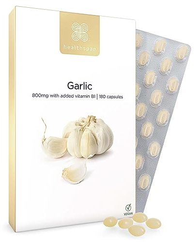 Healthspan Knoblauch 800 mg | Herzgesundheit | Zusatz von Vitamin B1 | Zusatz von Petersilienöl für die Neutralisierung des Geruchs | Vegan | 180 Kapseln