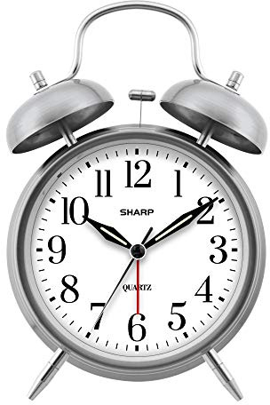 Sharp Twin Bell Alarm Clock - Loud Alarm - Great for Heavy Sleepers - Battery Operated Quartz Analog … (Brushed Silver)
