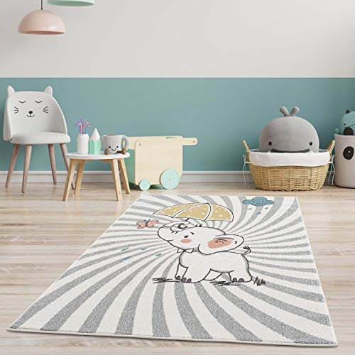 Kinderteppich - Tier-Motiv Baby-Elefant 160x230 cm Creme Multi - Kinderzimmer Teppich Modern