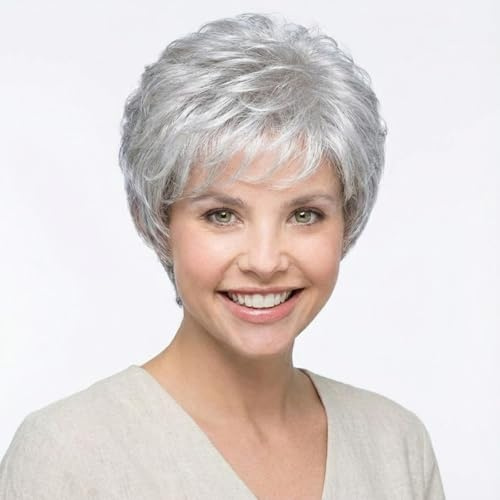 Parrucca da donna con capelli corti e ricci, per donne anziane, resistente al calore, a strati corti, colore grigio