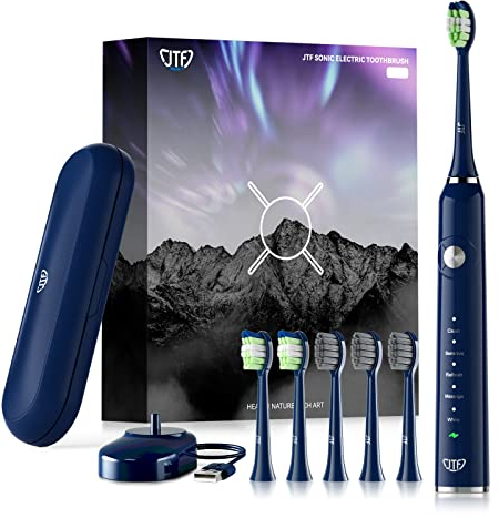 JTF Spazzolino Elettrico Sonico Adulti con 5 Modalità di Spazzolamento, Spazzolini Elettrici ad Ultrasuoni Impermeabile IPX7, 6 Testine, Timer e Custodia Spazzolino da Viaggio