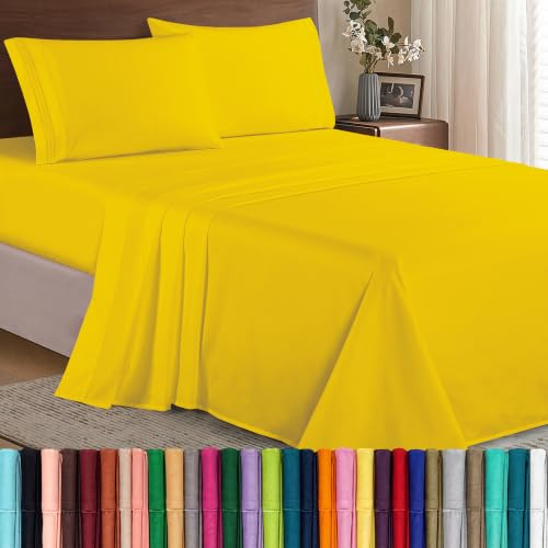 Elegant Comfort Parure de lit 4 pièces en Microfibre de qualité hôtelière 1500, Infroissable, Drap-Housse avec élastique Tout Autour, Poche Profonde jusqu'à 40,6 cm, lit Simple/lit Simple XL, Jaune