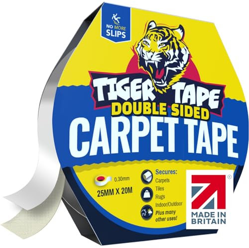 Tiger Tape® UK Made. Double Sided Carpet Tape | Heavy Duty, Extra Strong Rug Tape For Hard Floors, Vinyl, Woods and Laminates. Stops Rugs, Carpets & Tiles Sliding. Removable, No Mess. 20 Metres.