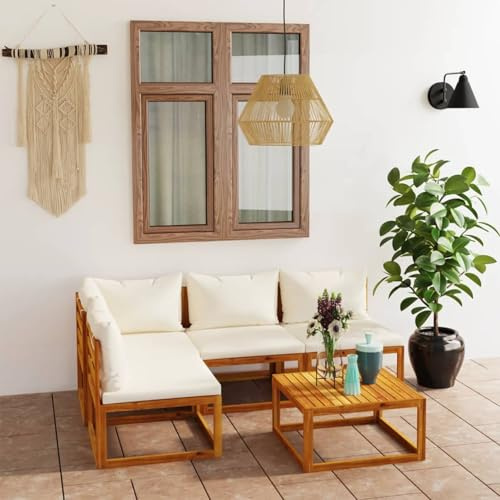 Gecheer 5-TLG. Garten Loungemöbel Set, Balkon Lounge Klein, Sitzgruppe Gartenmöbel, Outdoor Sofa, Loungemöbel Terrasse, Balkonmöbel, Gartensofa mit Auflagen Creme Massivholz Akazie