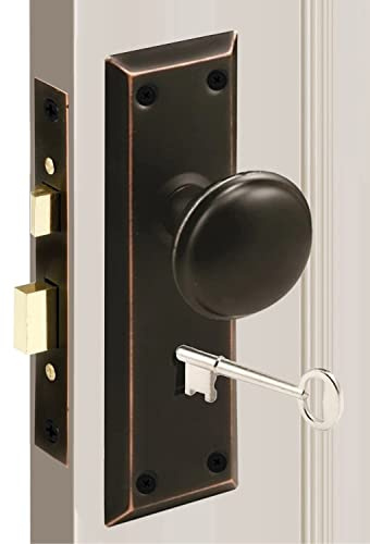 MaxxGeek Lot de 1 serrure à clé à mortaise avec boutons classiques, parfait pour remplacer les ensembles de poignées de porte anciennes cassées, convient aux portes intérieures de 3,5 à 4,5 cm, bronze