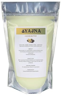 Yajna Beurre de cacao brut bio pur, hydratant naturel non raffiné pour le visage, le corps, les cheveux, crèmes, baumes, lotions, savons adoucit les peaux sèches et dures, 115 g, blanc ivoire