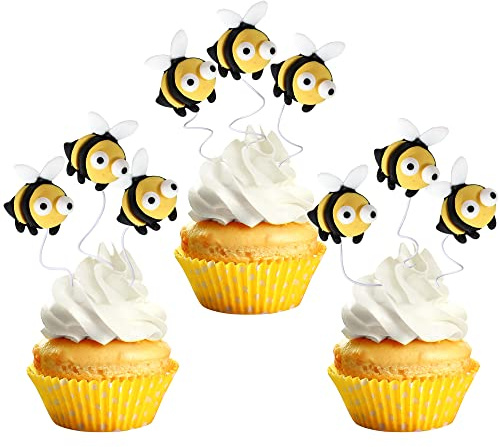 Xsstarmi 30 Pack Bumble Bee Cupcake Toppers Resin Little Figurine Bee Cupcake Picks Oh Babee Cake Decorations for Bee Theme Baby Shower Kids Birthday Party Decoration Supplies