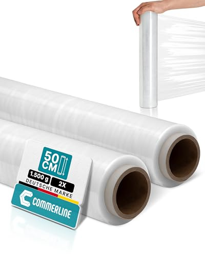 Commerline Transparent Stretchfilm | 2 Rullar - 50 cm, 1500 g, 230 m | Plastfolie & Skyddsfilm för Flytt, Möbler och Pall | Förpackningsfilm & Wrapfilm