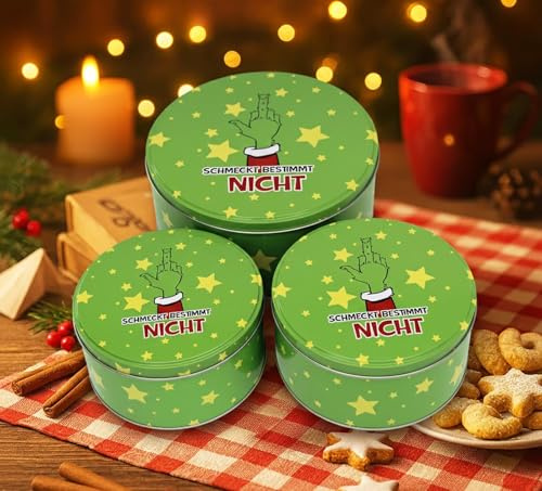 KAMACA 3er Set Keksdosen Gebäckdosen rund aus Metall mit Deckel fröhlich-frech, stapelbar lebensmittelecht sorgt für gute Laune in Advent, Winter & Weihnachtszeit (3er Set Schmeckt bestimmt nicht)
