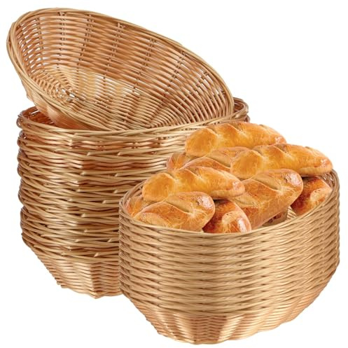 SINJEUN 30 Pack Wicker Bread Basket, Handwoven Oval Plastic Basket, Woven Tabletop Fruit Vegetables Food Serving Basket for Home, Kitchen, Restaurant, Light Brown