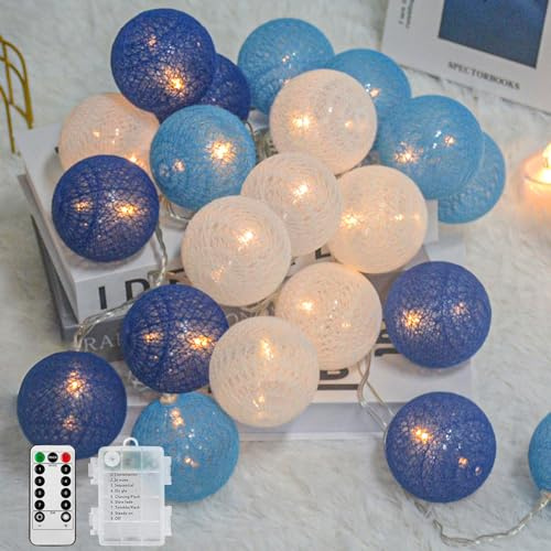 Ciskotu Baumwollkugeln Lichterkette Batteriebetrieben, 20 LED Dimmbar Cotton Ball Lichterkette mit Fernbedienung, LED Kugeln Lichterkette Innen für Kinderzimmer Weihnachten Hochzeit Party(Blau)
