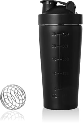 750 ml Acero inoxidable Proteína Shaker Deporte Fitness Proteína Botella Botella Portátil Vaso de Agua con Bola Mezcladora para proteínas, Dieta y Fitness Shakes (Negro)
