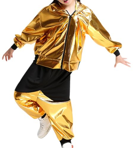 Liujiami Mädchen Kostüm-Sets Hip Hop Tanzkleidung Kinder Jungen Pailletten Tanzen Gesellschaftstanz Modern Jazz Kleidung Oberteil Hose 2-Teilig Straßentanz Outfits (Kleinere Größen)