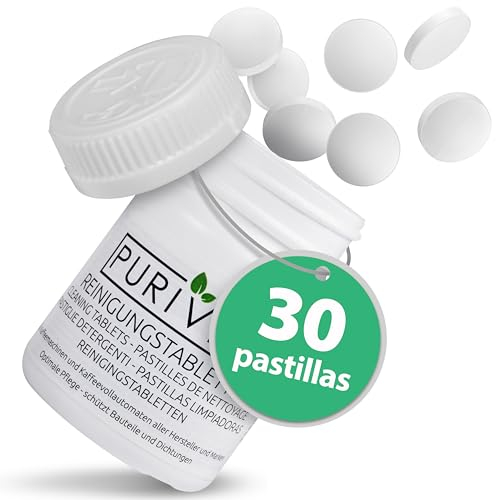 PURIVITA® Universale Pastillas de limpieza para cafeteras [30 pastillas] - Pastillas descalcificadoras para cafeteras Delonghi, Krups, Jura, Senseo, Nespresso y otras - Limpiador de cápsulas de café