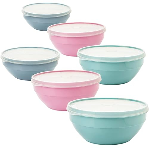 Sustania Schüssel mit Deckel 1l, 6er Rührschüssel set, Salatschüssel mit Deckel, Schüssel set aus BPA-frei Kunststoff (PP), Farbe: hell grau, pastell rosa, pastell grün, Transparent Deckel, Made in EU