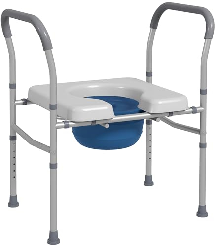 HOMCOM Sedia Comoda WC per Anziani e Disabili, Sedia WC 4 in 1 Regolabile in Altezza con Braccioli Imbottiti e Secchio Rimovibile, Grigio