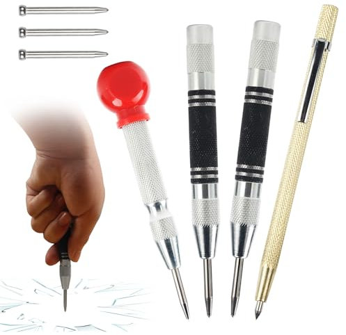 3PCS Automatic Centre Punch, Automatic Center Punch with a Metal Engraving Pen & 3 Replacement Tips, Centre, Adjustable Tension Spring, for Metal Wood Glass Steel Plates
