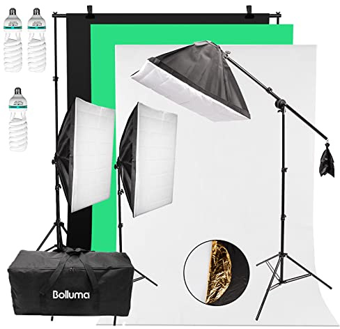 BOLLUMA Softbox Continuous Lighting Kit: 1x Background Support System, 3x 150W CFL Bulb, 3x Light Stand, 1x Boom arm, 3x Softbox and 1x Carry bag for Photography Studio Video Portrait