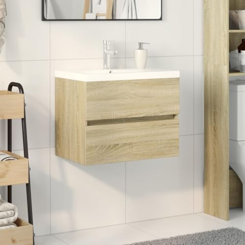 Homgoday 3307662 Bathroom Furniture Set 2 Pieces Ceramic and Wood Plywood Complete Bathroom Furniture, Complete Bathroom Cabinet, Sideboard Floor Cabinet for Bathroom, Cabinet