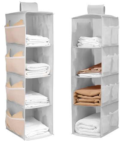 QUMENEY 2 Stück Hängender Kleiderschrank Organisator 4 Lagen | Hängende Aufbewahrungsregale mit Seitentaschen Kleidung Organisator platzsparend und faltbar Schlafzimmer Lagerung grau