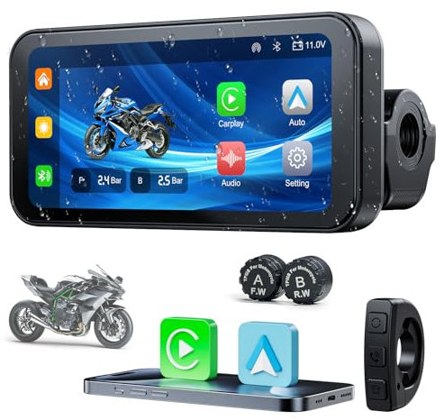 Volam Motorrad Carplay Android Auto Kabellos 6,25 Tragbarer Touchscreen Reifendrucküberwachung Bluetooth WiFi IP67 Wasserdicht Freisprecheinrichtung