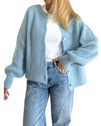 Gilet Col Rond Femme Cardigan en Tricot Court à Manches Longues Pull Veste Boutonnée Casual Vêtement d’éxtérieur Hiver Chaud (Bleu, S)