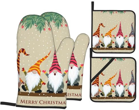 Ofenhandschuhe und Topflappen-Set, Stechpalmenbeere, niedliche Zwerge, hitzebeständig, Küchen-Backhandschuhe, rutschfeste Oberfläche zum Kochen, Backen, Grillen, Grillen