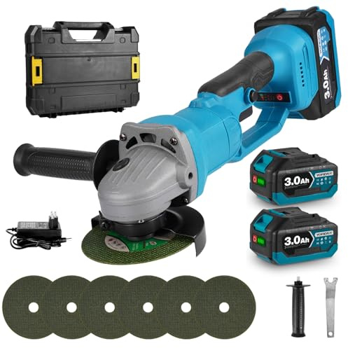 Yofidra 21V Cordless Angle Grinder 125mm 10000RPM 2 X 3.0Ah Batteries & Fast Charger 6PCS Cutting Wheels Included 3-Speed Electric Angle Grinder for Cutting Grinding Polishing and Rust Removal