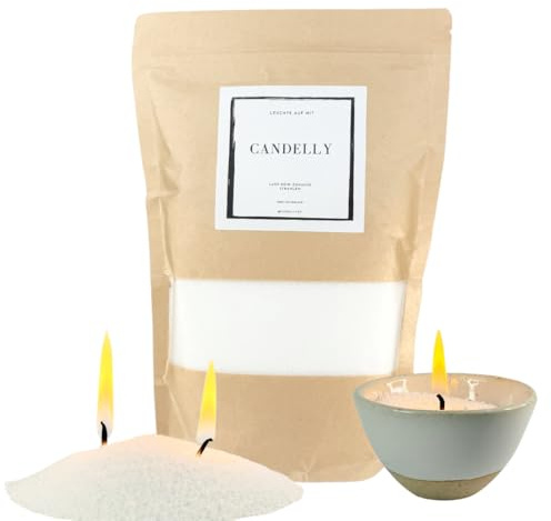 CANDELLY Kerzensand mit Docht - 1000g inkl. 30 Dochte – Kerzensand mit Docht - Hochwertiger Kerzensand aus Palmenwachs – Paraffinfrei – Tolles Geschenk – Kerzen selbst gestalten – 100% Natürlich