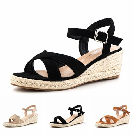 Hitmars Sandalias Mujer Plataforma Cuña Sandalias Verano Espadrilles Zapatos 6 CM Tacón Alpargatas de Cuña Moda con Hebilla Negro EU 40