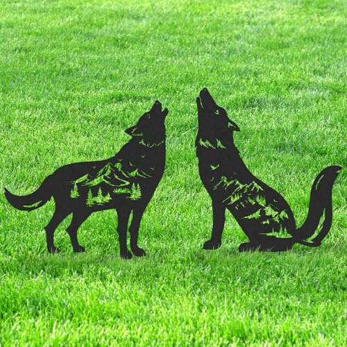 LIRAVENO Wolf Garden Stakes Decorations - 2 Pcs Metal Howling Animals Silhouette Outdoor Statues Black Decorative Yard Sculpture Gifts Art Personalized Outside Decors for Patios Lawn Pathway Backyard