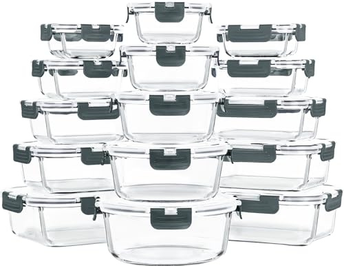 Skroam Frischhaltedosen aus Glas mit Deckel, luftdicht, Glas-Mahlzeiten-Vorbereitungsbehälter, Lunchbehälter mit Deckel, für Mikrowelle, Backofen, Gefrierschrank und Spülmaschine, 15 Stück