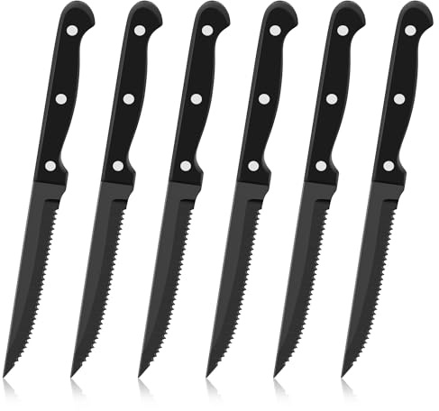 Herogo Steak Knives Set of 6, Stainless Steel Kitchen Knife Set with Ergonomic Handle, Dinner Black Steak Knife with Sharp Serrated Edge, Rustproof & Stain Resistant, Easy to Clean