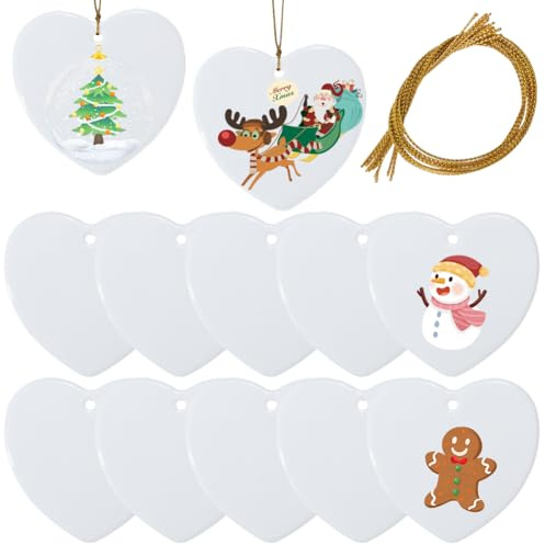 SOFPLATE 12 pz. Ornamenti A Forma di Cuore In Ceramica per Sublimazione con Cordini Ciondoli Personalizzati In Porcellana Bianca per Trasferimento Termico Etichette per Albero di Natale Matrimonio Dec