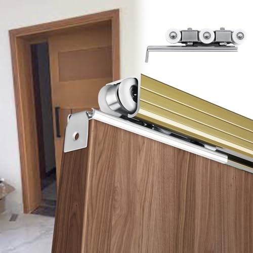 EXCLURA Binario per Porta Scorrevole Kit Ferramenta per Porta Scorrevole a Scomparsa Montata in Alto, Kit Binario Esterno per Porta Scorrevole per Fienile ad Alta Resistenza(Champagne,3.3m(10.8ft))