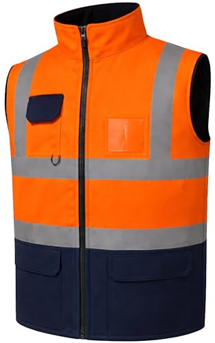 GM WORKWEAR Hi-Vis Reversible Waterproof Fleece Bodywarmer Gilet Waistcoat – High Visibility Safety Vest – Orange/Navy, Yellow/Navy, Orange/Yellow – S to 4XL