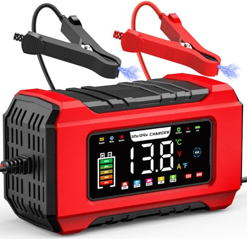 15 A bilbatteriladdare, 12 V/24 V smart helautomatisk batteriladdare//Underhåll med temperaturkompensation för bil, motorcykel, SUV, litiumbatterier och AGM (15A-röd)