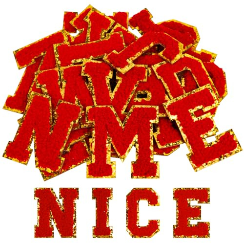 AOOTE Aufnäher Buchstaben Patches,26 Stück Selbstklebende Buchstaben Aufnäher A-Z, Selbstklebende Chenille-Buchstabe-Aufnähern für DIY Kleidung, Jacken, Hemden, Hüte, Taschen, Jeans(Rot)