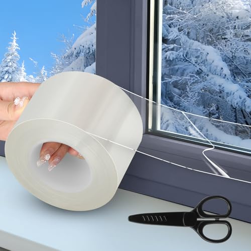 5cm × 10m Window Draft Seal, Clear Waterproof Tape Window Weather Sealing Tape, Transparent Adhesive Sealant Tapes No Residue for Winter Windows Doors Blocking Wind Cold Air Dust (with 1 Scissors)