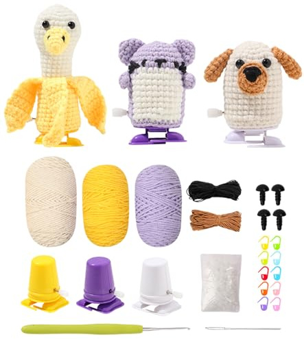 TAKONE Amigurumi Häkelset Für Anfänger – DIY Tiere Häkeln Set Mit Banane-Ente, Katze & Hund, Inklusive Garn, Anleitung & Zubehör – Perfekt Für Kinder & Erwachsene Häkelanfänger