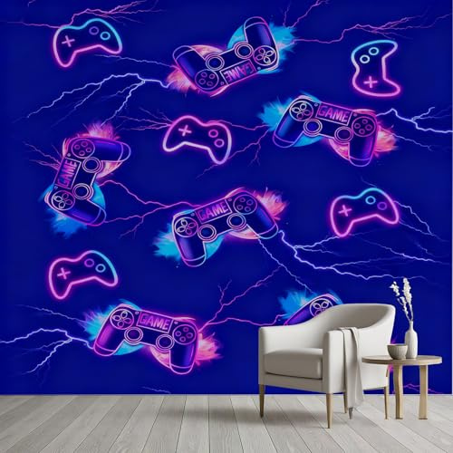 Pggong Papier Peint 3D Gamepad Foudre Gamer Gaming Bleu Papier Peint Panoramique Garçon Fille Adolescent Poster Tapisserie Murale Film Adhesif Meuble Chambre à Coucher Maison Décoration 250x175 cm