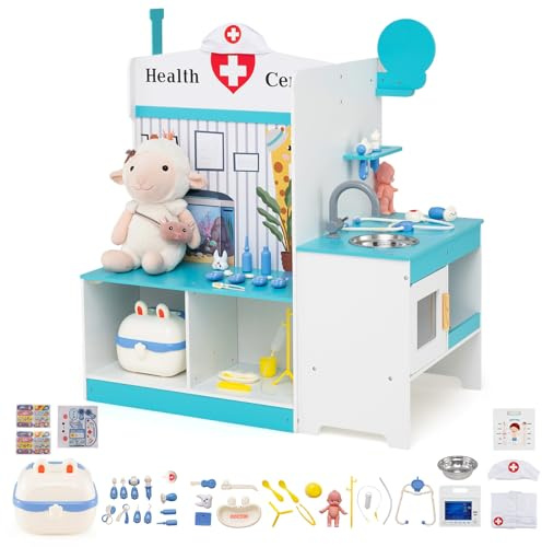 COSTWAY Cabinet Médical Enfant avec Moniteur ECG, Horloge et Robinet, Évier, Centre Médical Jouet avec 27 Accessoires et Mallette, Étagère Armoire, Jeu de Docteur pour Garçon Fille de 3-6 Ans